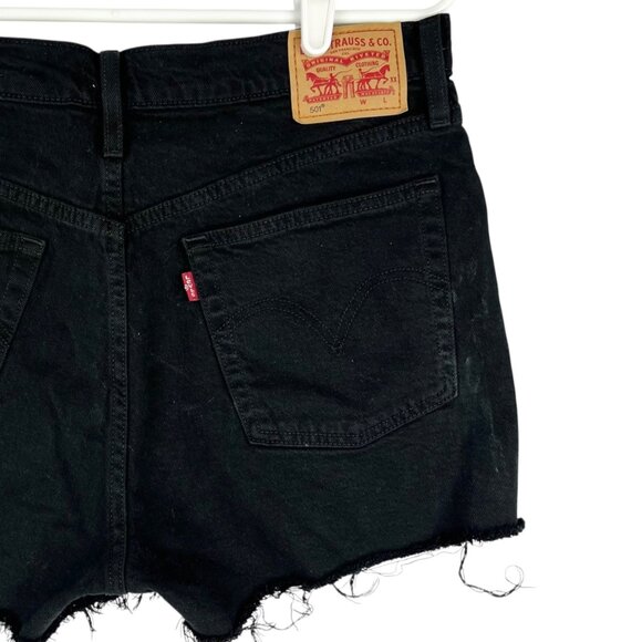 Levis 501 Women's Stretch Raw Hem Black Denim Shorts Size 30 Mid Rise Fly Button - Picture 4 of 11